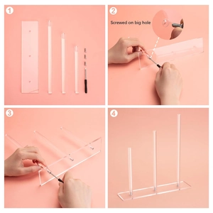 Detailed view of DIY assembly steps for 3-tier acrylic scrunchie holder and accessories