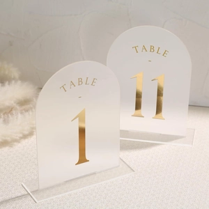 Frosted arch acrylic wedding table number with mirror gold foil lettering and clear base