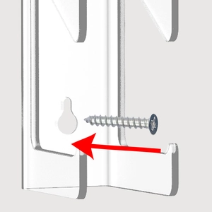 Close-up of white metal wall mount bracket with keyhole slot and mounting screw