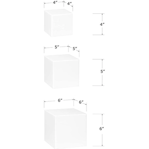 Three-piece acrylic riser set showing 4, 5, and 6-inch dimensions for product displays