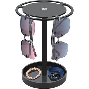 Rotating 360-degree acrylic sunglasses display stand with jewelry tray and watch storage