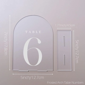 Frosted arch acrylic wedding table number 6 with detailed size measurement display