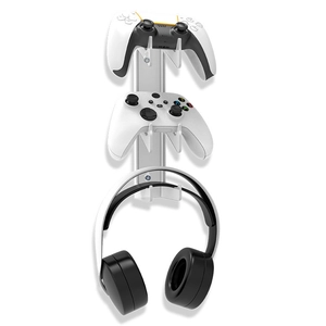 Three-tier wall mount stand holding two game controllers and a gaming headset