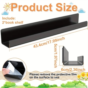 Set of 2 black magnetic acrylic book shelves with dimensions of 43.4x6x5cm for wall mounting