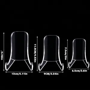 Three sizes of clear acrylic plate stands for display with dimensions on black background