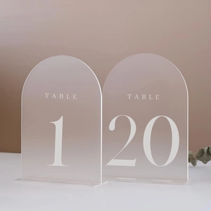 Macro shot of frosted arch acrylic table numbers with white printing and base