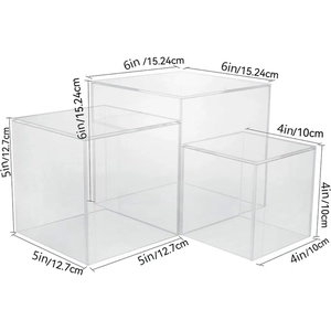 Clear acrylic nested display cubes in 3 sizes for cosmetics and cakes with hollow bottom