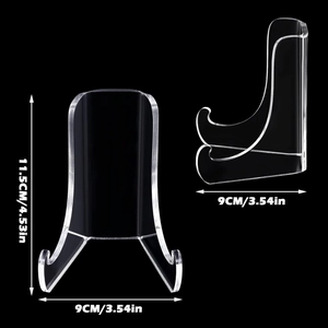 Clear acrylic display stand with dimensions showing 11.5cm height and 9cm width
