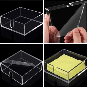 Clear acrylic square napkin holder with U-shaped opening for dining table and kitchen storage