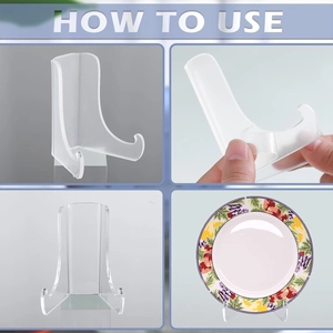 Clear acrylic display stand for plates and artwork with 4-way instructional view