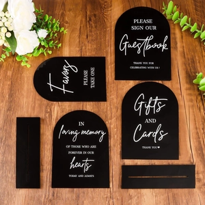 Black arched acrylic wedding signs for guestbook, favors, cards and loving memory