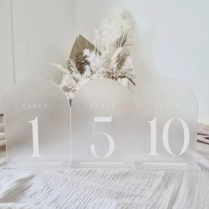 Arch frosted acrylic wedding table numbers with gold foil print and matching bases
