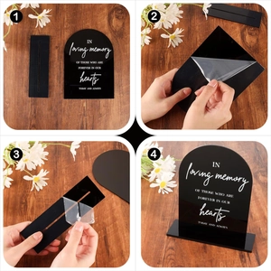 Detailed guide showing acrylic wedding table sign assembly and film removal process