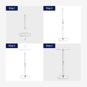 Assembly guide for transparent acrylic round side table showing four simple setup steps