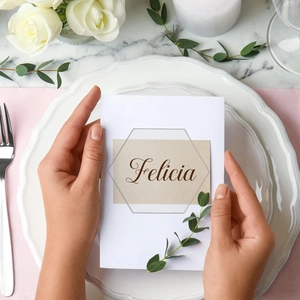 Minimalist white acrylic wedding name card with gold Felicia text for banquet tables