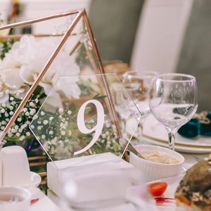 Detailed view of clear hexagonal acrylic table number nine with white base on banquet table