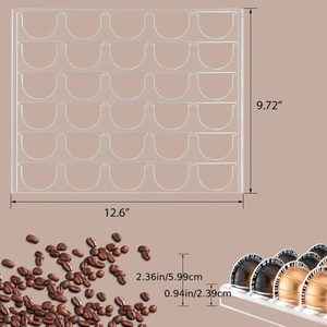 Detailed dimensions of acrylic coffee pod tray for drawer showing 12.6 x 9.72 inches