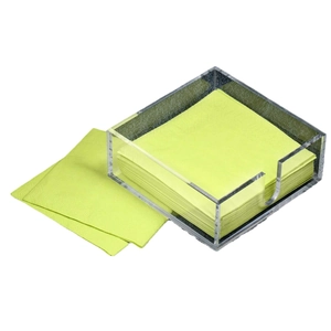Clear acrylic square napkin holder for kitchen and dining with light green paper napkins