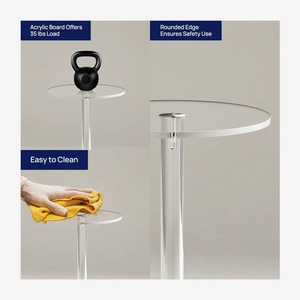 Detail showing acrylic table with 35 lbs capacity, smooth edges and easy clean surface