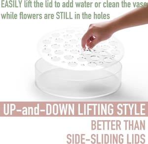 Lifting the lid of a clear acrylic vase with multi-hole design for easy flower arranging