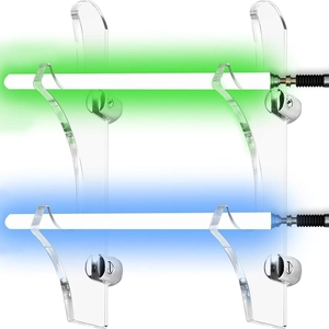 Wall-mounted clear acrylic lightsaber display rack with sleek metal hardware and screws