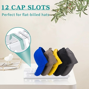 Detailed view of 12-slot clear acrylic baseball cap storage rack for flat-billed hats