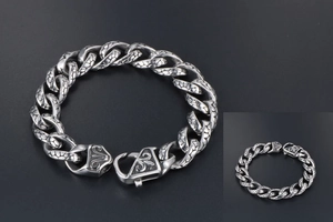Macro view of vintage stainless steel chain bracelet with dragon scale texture