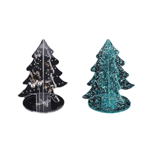 Christmas tree acrylic earring stands in black transparent and teal glitter finishes