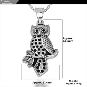 Detailed view of owl pendant showing dimensions 34.8mm by 21.4mm in antique silver
