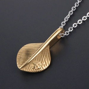 Vintage stainless steel feather pendant necklace with bird stamp and gold leaf detail