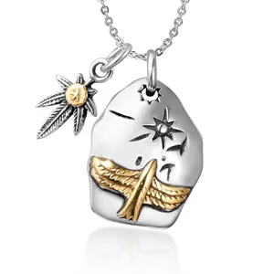 Retro punk eagle and feather shield pendant necklace in silver and gold contrast