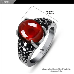 Detailed specs of retro stainless steel flower ring with 9.4mm red stone and 2.5mm band
