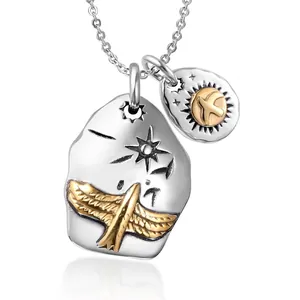 Retro punk eagle necklace with double pendants featuring golden bird and star engravings