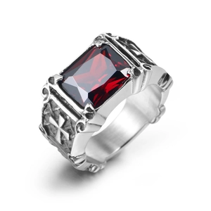 Gothic silver steel ring featuring a large rectangular red zircon and cross relief
