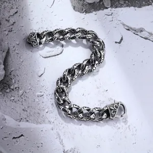Retro hip-hop cuban link bracelet in stainless steel with carved leaf textures