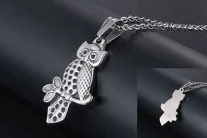 Detailed macro view of silver owl pendant showing feather textures and black gemstones