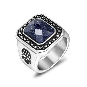 Vintage Men Titanium Steel Skull Ring With Square Blue Sandstone Retro Punk Rock Polished Men Jewelry Ring