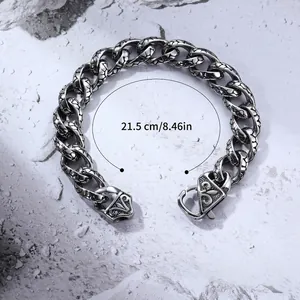 Men's retro stainless steel Cuban chain bracelet with leopard pattern engraving, 21.5cm