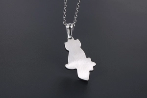 Detail of silver stainless steel owl pendant with a brushed metal matte texture finish