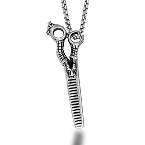 Punk Stainless Steel Dragon Scissors Pendant Necklace For Men Retro Barber Comb Tool Gothic Jewelry Personality Charm Gift