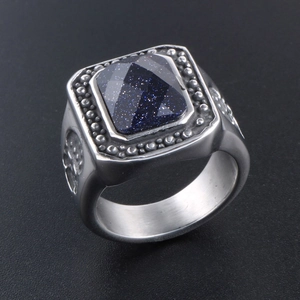 Retro punk men's signet ring in silver steel with square blue sandstone and skull carving