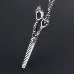Barber themed necklace with dragon pattern scissors and comb pendant in stainless steel
