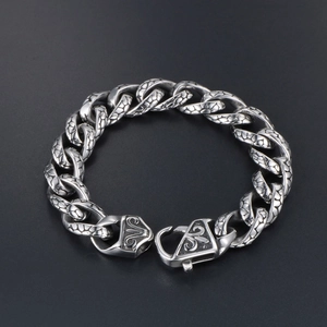 Retro stainless steel curb link bracelet for men featuring snake scale texture and carvings