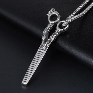 Vintage silver stainless steel dragon scissors and comb pendant with bead chain