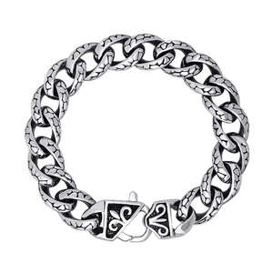 Vintage stainless steel men's curb chain bracelet with leopard scales and shield buckle