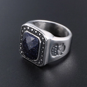 Vintage signet ring for men with rectangular blue sandstone and skull side engraving