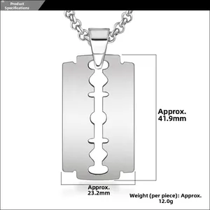 Macro shot of stainless steel razor blade pendant showing precise 41.9mm by 23.2mm dimensions