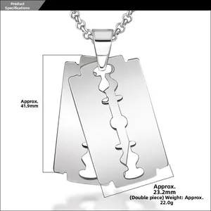 Detail view of stainless steel razor blade pendant with dimensions 41.9mm by 23.2mm