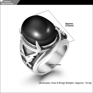 Detailed view of titanium steel eagle ring with black agate inlay and precise measurements