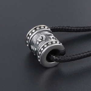 Vintage titanium steel six-word mantra cylinder pendant with black braided rope necklace